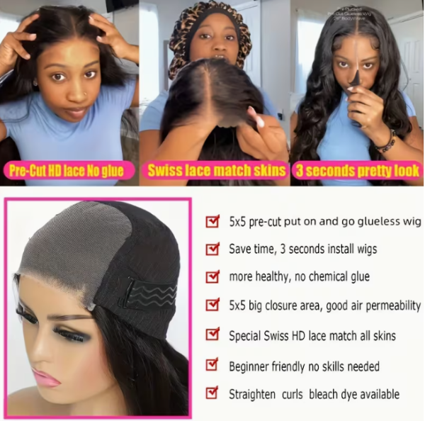 glueless human hair wig bone straight 5x5 hd transparent lace front, 150% density pre cut & pre plucked ready to wear