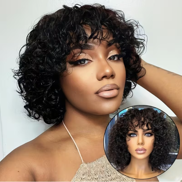 curly human hair wig with bangs – water wave afro kinky curly bob (150% density)