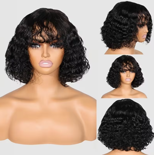 curly human hair wig with bangs – water wave afro kinky curly bob (150% density)