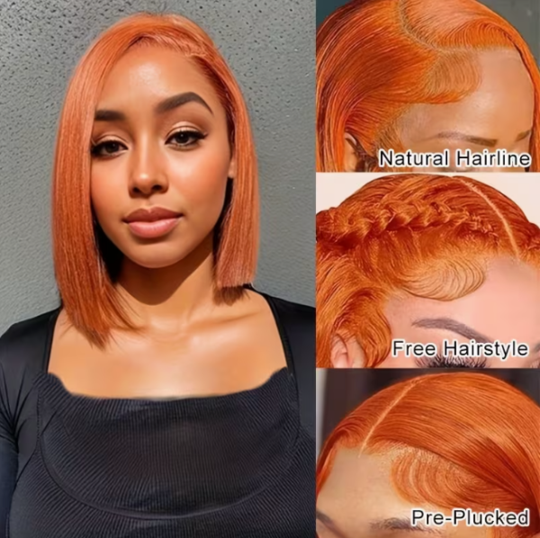 brazilian human hair bob wig – 13x4 lace front, ginger orange #350, 150% density